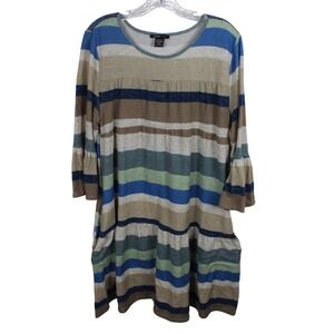 Robert Louis Womens Striped Tiered Tunic Dress Blue Green Tan 3/4 Bell Sleeve M